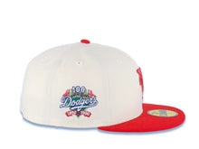 Load image into Gallery viewer, Los Angeles Dodgers New Era MLB 59FIFTY 5950 Fitted Cap Hat Cream Crown Red Visor Red Upside Down Logo 100th Anniversary Side Patch