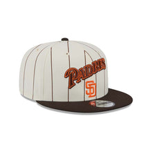 Load image into Gallery viewer, San Diego Padres New Era MLB 9FIFTY 950 Snapback Cap Hat Cream Pinstripe Crown Brown Visor Orange/Brown Script/Text Logo