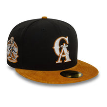 Load image into Gallery viewer, (Corduroy Visor) Los Angeles Anaheim Angels New Era MLB 59FIFTY 5950 Fitted Cap Hat Black Crown Wheat Visor White/Wheat Logo 35th Anniversary Side Patch