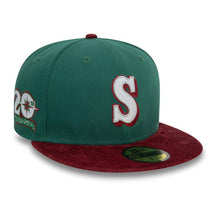 Load image into Gallery viewer, (Corduroy Visor) Seattle Mariners New Era MLB 59FIFTY 5950 Fitted Cap Hat Dark Green Crown Maroon Visor White/Maroon Logo 20th Anniversary Side Patch