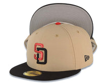 Load image into Gallery viewer, San Diego Padres New Era MLB 59FIFTY 5950 Fitted Cap Hat Khaki Crown Black Visor Metallic Red/Black Logo Gray UV