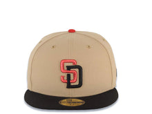 Load image into Gallery viewer, San Diego Padres New Era MLB 59FIFTY 5950 Fitted Cap Hat Khaki Crown Black Visor Metallic Red/Black Logo Gray UV