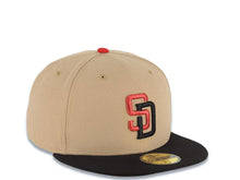 Load image into Gallery viewer, San Diego Padres New Era MLB 59FIFTY 5950 Fitted Cap Hat Khaki Crown Black Visor Metallic Red/Black Logo Gray UV