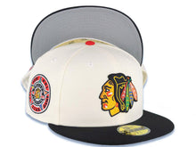 Load image into Gallery viewer, Chicago Blackhawks New Era NHL 59FIFTY 5950 Fitted Cap Hat Cream Crown Black Visor Team Color Retro Logo Gray UV