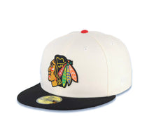 Load image into Gallery viewer, Chicago Blackhawks New Era NHL 59FIFTY 5950 Fitted Cap Hat Cream Crown Black Visor Team Color Retro Logo Gray UV