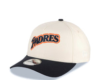 Load image into Gallery viewer, San Diego Padres New Era MLB 9FORTY 940 Adjustable A-Frame Cap Hat Cream Crown Navy Visor Navy/Silver/Orange Script Logo 25th Anniversary Side Patch