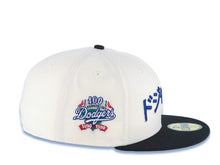 Load image into Gallery viewer, Los Angeles Dodgers New Era MLB 59FIFTY 5950 Fitted Cap Hat Cream Crown Black Visor Royal Blue/Red Logo 100 Anniversary Side Patch