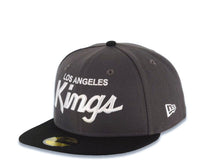 Load image into Gallery viewer, Los Angeles Kings New Era NHL 59FIFTY 5950 Fitted Cap Hat Dark Gray Crown Black Visor White Script Logo 2x Champions Side Patch