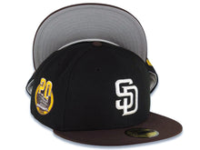 Load image into Gallery viewer, San Diego Padres New Era MLB 59FIFTY 5950 Fitted Cap Hat Black Crown Brown Visor White Logo 20th Anniversary Petco Park Side Patch