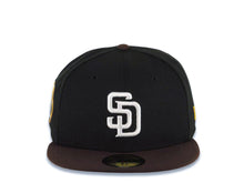 Load image into Gallery viewer, San Diego Padres New Era MLB 59FIFTY 5950 Fitted Cap Hat Black Crown Brown Visor White Logo 20th Anniversary Petco Park Side Patch