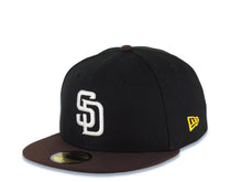 Load image into Gallery viewer, San Diego Padres New Era MLB 59FIFTY 5950 Fitted Cap Hat Black Crown Brown Visor White Logo 20th Anniversary Petco Park Side Patch
