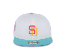 Load image into Gallery viewer, (Youth) San Diego Padres New Era MLB 59FIFTY 5950 Kid Fitted Cap Hat Cream Crown Teal Visor Magenta/Yellow Logo 1992 All-Star Game (City Connect)