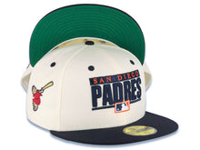 Load image into Gallery viewer, San Diego Padres New Era MLB 59FIFTY 5950 Fitted Cap Hat Cream Crown Navy Blue Visor Navy Blue/Orange Text Logo Swinging Friar Side Patch Green UV