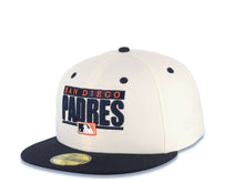 Load image into Gallery viewer, San Diego Padres New Era MLB 59FIFTY 5950 Fitted Cap Hat Cream Crown Navy Blue Visor Navy Blue/Orange Text Logo Swinging Friar Side Patch Green UV