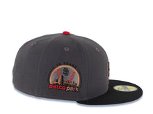 Load image into Gallery viewer, San Diego Padres New Era MLB 59FIFTY 5950 Fitted Cap Hat Dark Gray Crown Black Visor Black/Red Swinging Friar Logo 10th Anniversary Petco Park Patch