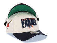 Load image into Gallery viewer, San Diego Padres New Era MLB 9FORTY 940 Adjustable A-Frame Cap Hat Cream Crown Navy Blue Visor Navy Blue/Orange Text Logo Swinging Friar Side Patch