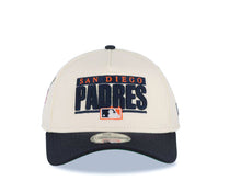 Load image into Gallery viewer, San Diego Padres New Era MLB 9FORTY 940 Adjustable A-Frame Cap Hat Cream Crown Navy Blue Visor Navy Blue/Orange Text Logo Swinging Friar Side Patch