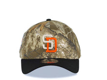 Load image into Gallery viewer, San Diego Padres New Era MLB 9FORTY 940 Adjustable A-Frame Cap Hat Real Tree Edge Camo Crown Black Visor White/Orange Logo 40th Anniversary Side Patch