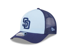 Load image into Gallery viewer, San Diego Padres New Era MLB 9FORTY 940 Adjustable A-Frame Trucker Mesh Cap Hat White/Navy Crown Navy Blue Visor Navy Blue Logo (Color Pack)