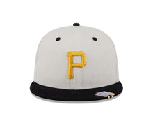 Load image into Gallery viewer, (Corduroy) Pittsburgh Pirates New Era MLB 59FIFTY 5950 Fitted Cap Hat Cream Crown Black Visor Yellow Logo Natiional League Side Patch