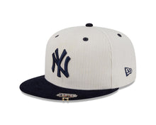 Load image into Gallery viewer, (Corduroy) New York Yankees New Era MLB 59FIFTY 5950 Fitted Cap Hat Cream Crown Navy Visor Navy Blue Logo American League Side Patch