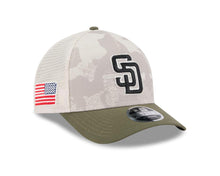 Load image into Gallery viewer, San Diego Padres New Era MLB 9FORTY 940 Adjustable M-Crown Mesh Cap Hat White Camo Crown Olive Green Visor Black/White Logo (2025 Armed Forces Day)