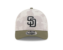 Load image into Gallery viewer, San Diego Padres New Era MLB 9FORTY 940 Adjustable M-Crown Mesh Cap Hat White Camo Crown Olive Green Visor Black/White Logo (2025 Armed Forces Day)