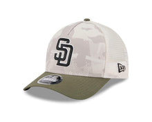 Load image into Gallery viewer, San Diego Padres New Era MLB 9FORTY 940 Adjustable M-Crown Mesh Cap Hat White Camo Crown Olive Green Visor Black/White Logo (2025 Armed Forces Day)