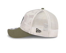 Load image into Gallery viewer, San Diego Padres New Era MLB 9FORTY 940 Adjustable M-Crown Mesh Cap Hat White Camo Crown Olive Green Visor Black/White Logo (2025 Armed Forces Day)