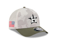 Load image into Gallery viewer, Houston Astros New Era MLB 9FORTY 940 Adjustable Mesh M-Crown Cap Hat White Camo Crown Olive Green Visor White/Black Logo (2025 Armed Forces Day)