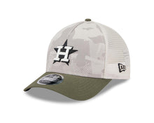 Load image into Gallery viewer, Houston Astros New Era MLB 9FORTY 940 Adjustable Mesh M-Crown Cap Hat White Camo Crown Olive Green Visor White/Black Logo (2025 Armed Forces Day)