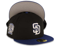 Load image into Gallery viewer, San Diego Padres New Era MLB 59FIFTY 5950 Fitted Cap Hat Black Crown Royal Blue Visor White/Blue Logo 25th Anniversary Side Patch Gray UV