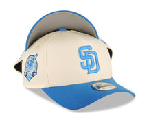 Load image into Gallery viewer, San Diego Padres New Era MLB 9FORTY 940 Adjustable A-Frame Cap Hat Cream Crown Light Blue Visor Blue Logo 40th Anniversary Side Patch Gray UV