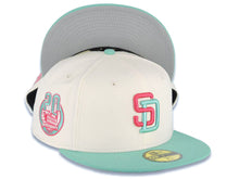Load image into Gallery viewer, San Diego Padres New Era MLB 59FIFTY 5950 Fitted Cap Hat White Crown Light Teal Visor Magenta/Teal Logo 20th Anniversary Petco Park Side Patch Gray UV