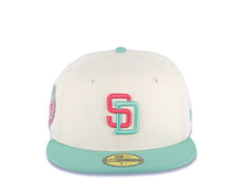 Load image into Gallery viewer, San Diego Padres New Era MLB 59FIFTY 5950 Fitted Cap Hat White Crown Light Teal Visor Magenta/Teal Logo 20th Anniversary Petco Park Side Patch Gray UV