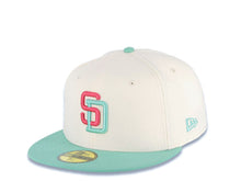 Load image into Gallery viewer, San Diego Padres New Era MLB 59FIFTY 5950 Fitted Cap Hat White Crown Light Teal Visor Magenta/Teal Logo 20th Anniversary Petco Park Side Patch Gray UV