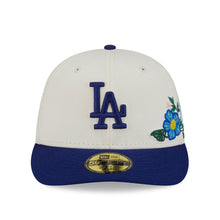 Load image into Gallery viewer, Los Angeles Dodgers New Era MLB 59FIFTY 5950 Fitted Cap Hat Cream Crown Royal Blue Visor Royal Blue Logo Green UV (Tonal Florals)