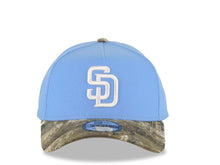 Load image into Gallery viewer, San Diego Padres New Era MLB 9FORTY 940 Adjustable A-Frame Cap Hat Sky Blue Crown Real Tree Edge Camo Visor White Logo Gray UV
