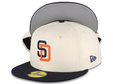 Load image into Gallery viewer, San Diego Padres New Era MLB 59FIFTY 5950 Fitted Cap Hat Cream Crown Navy Blue Visor Navy Blue/Orange/White Logo Gray UV