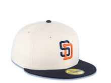 Load image into Gallery viewer, San Diego Padres New Era MLB 59FIFTY 5950 Fitted Cap Hat Cream Crown Navy Blue Visor Navy Blue/Orange/White Logo Gray UV