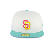 Load image into Gallery viewer, San Diego Padres New Era MLB 59FIFTY 5950 Fitted Cap Hat Cream Crown Light Teal Visor Magenta/Yellow Logo Gray UV