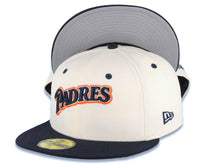 Load image into Gallery viewer, San Diego Padres New Era MLB 59FIFTY 5950 Fitted Cap Hat Cream Crown Navy Blue Visor Navy Blue/White/Orange Script Logo Gray UV