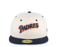 Load image into Gallery viewer, San Diego Padres New Era MLB 59FIFTY 5950 Fitted Cap Hat Cream Crown Navy Blue Visor Navy Blue/White/Orange Script Logo Gray UV