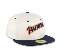 Load image into Gallery viewer, San Diego Padres New Era MLB 59FIFTY 5950 Fitted Cap Hat Cream Crown Navy Blue Visor Navy Blue/White/Orange Script Logo Gray UV