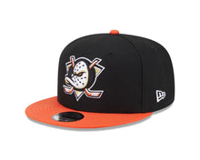 Load image into Gallery viewer, Mighty Ducks New Era NHL 9FIFTY 950 Snapback Cap Hat Black Crown Orange Visor Team Color Logo