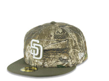 Load image into Gallery viewer, San Diego Padres New Era MLB 59FIFTY 5950 Fitted Cap Hat Real Tree Camo Crown Olive Visor White Logo 40th Anniversary Side Patch Gray UV