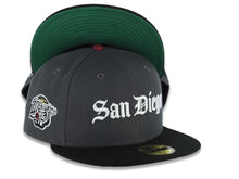 Load image into Gallery viewer, San Diego Padres New Era MLB 59FIFTY 5950 Fitted Cap Hat Dark Gray Crown Black Visor White Script/Text Logo 1998 World Series Side Patch Green UV