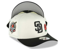 Load image into Gallery viewer, San Diego Padres New Era MLB 9FORTY 940 Adjustable A-Frame Cap Hat Cream Crown Black Visor Black Logo With Red Rose 40th Anniversary Side Patch Gray UV