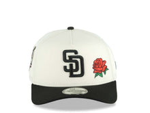Load image into Gallery viewer, San Diego Padres New Era MLB 9FORTY 940 Adjustable A-Frame Cap Hat Cream Crown Black Visor Black Logo With Red Rose 40th Anniversary Side Patch Gray UV