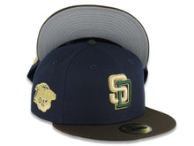 Load image into Gallery viewer, San Diego Padres New Era MLB 59FIFTY 5950 Fitted Cap Hat Navy Blue Crown Brown Visor Light Khaki/Green Logo 1998 World Series Side Patch Gray UV